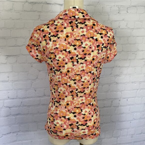 ⭐ 3/$15 Vintage Y2K Nine West Small Pink Orange Floral Collared Ruched Blouse - Picture 6 of 8